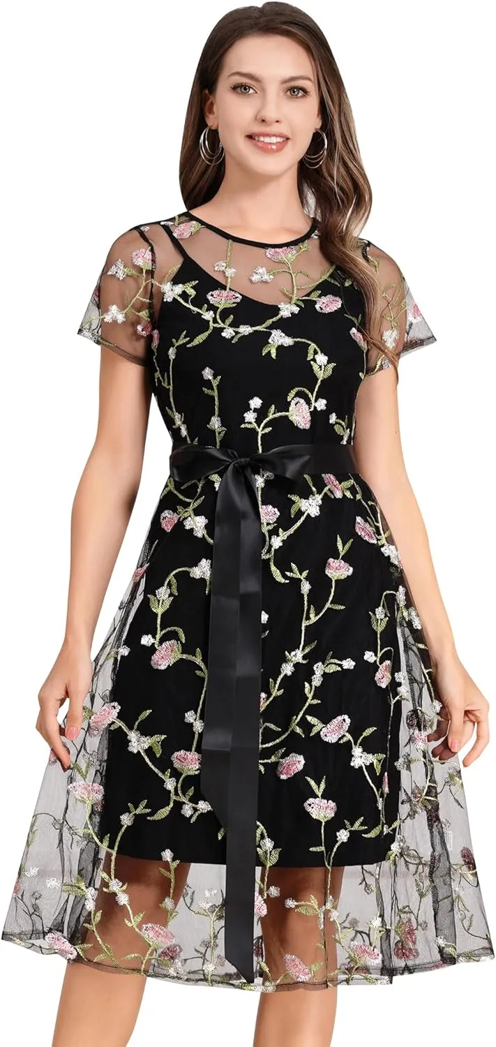 Women Short Sleeve 2 Piece Floral Embroidery Dress Mesh Sheer Wedding Tulle Prom Midi Evening Cocktail Party Dress with Belt
