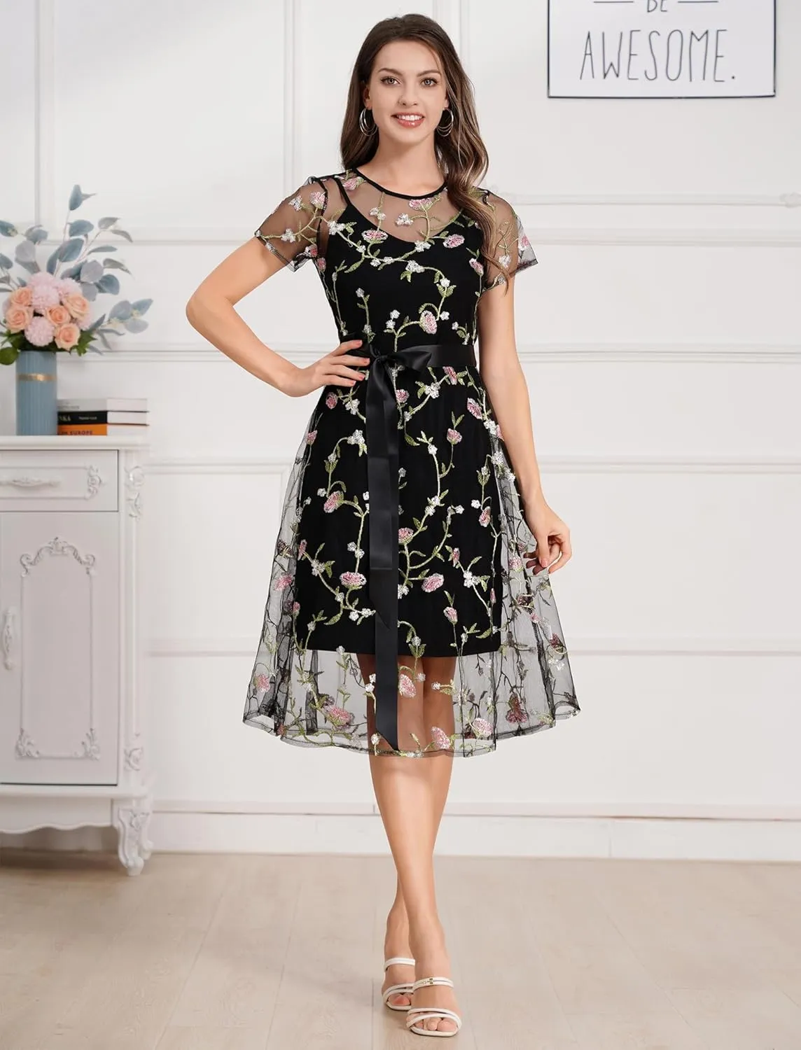Women Short Sleeve 2 Piece Floral Embroidery Dress Mesh Sheer Wedding Tulle Prom Midi Evening Cocktail Party Dress with Belt