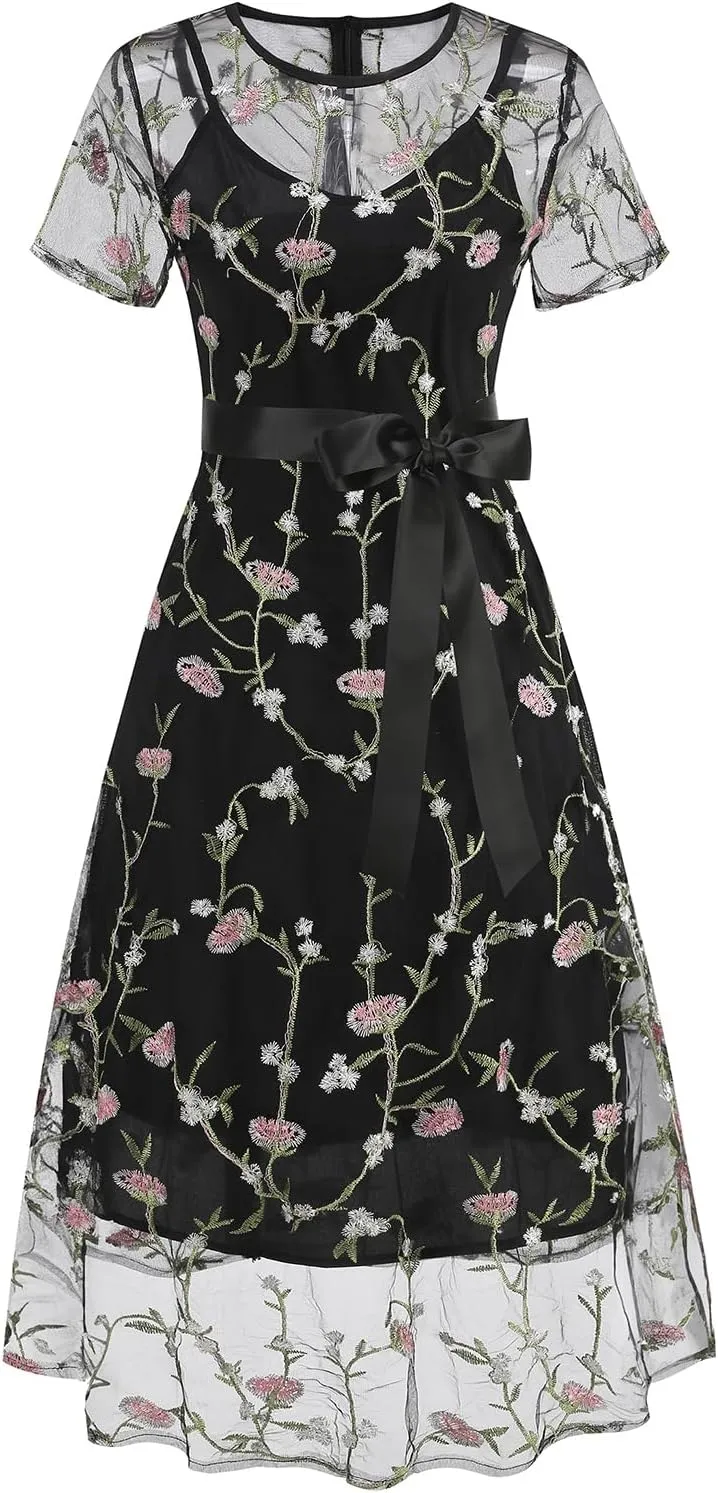 Women Short Sleeve 2 Piece Floral Embroidery Dress Mesh Sheer Wedding Tulle Prom Midi Evening Cocktail Party Dress with Belt