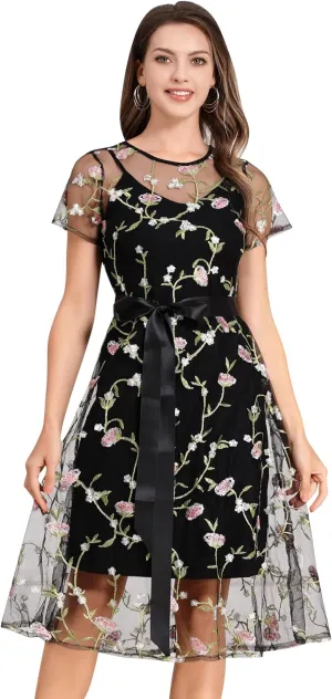 Women Short Sleeve 2 Piece Floral Embroidery Dress Mesh Sheer Wedding Tulle Prom Midi Evening Cocktail Party Dress with Belt