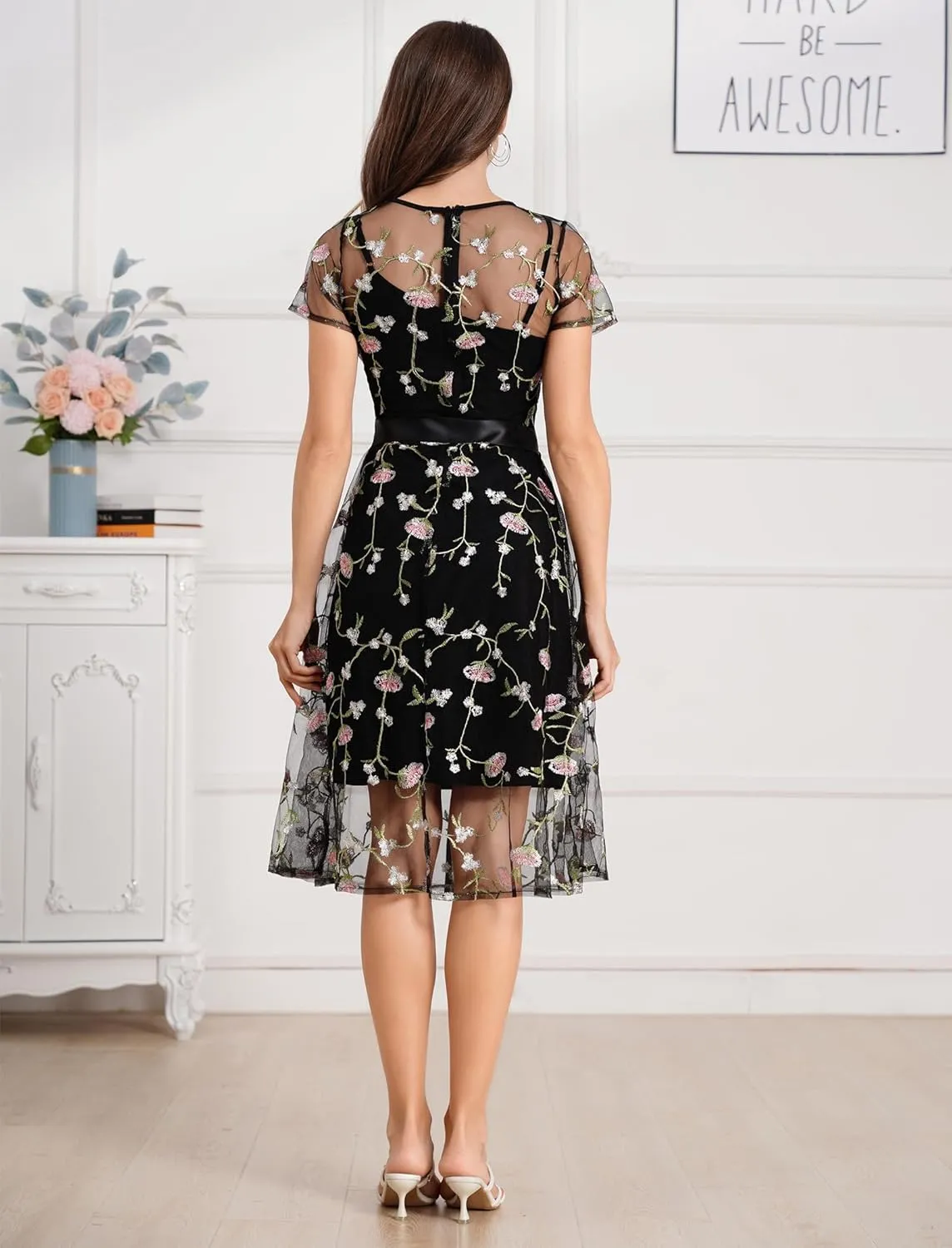 Women Short Sleeve 2 Piece Floral Embroidery Dress Mesh Sheer Wedding Tulle Prom Midi Evening Cocktail Party Dress with Belt