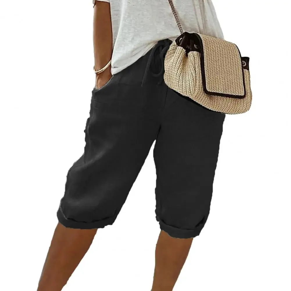 Women Shorts Vintage Style Loose Drawstring Knee-length Pants for Ladies Breathable Elastic Waist with Pockets A Wardrobe