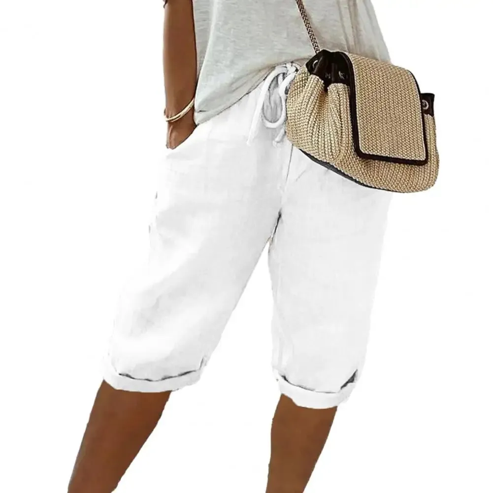 Women Shorts Vintage Style Loose Drawstring Knee-length Pants for Ladies Breathable Elastic Waist with Pockets A Wardrobe