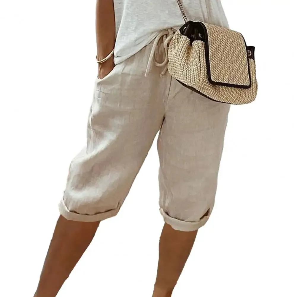 Women Shorts Vintage Style Loose Drawstring Knee-length Pants for Ladies Breathable Elastic Waist with Pockets A Wardrobe