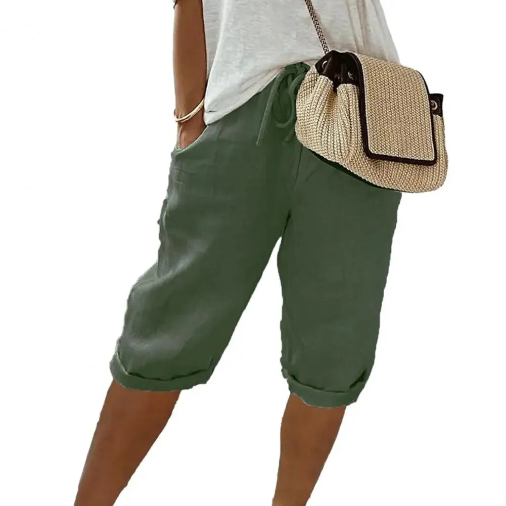 Women Shorts Vintage Style Loose Drawstring Knee-length Pants for Ladies Breathable Elastic Waist with Pockets A Wardrobe