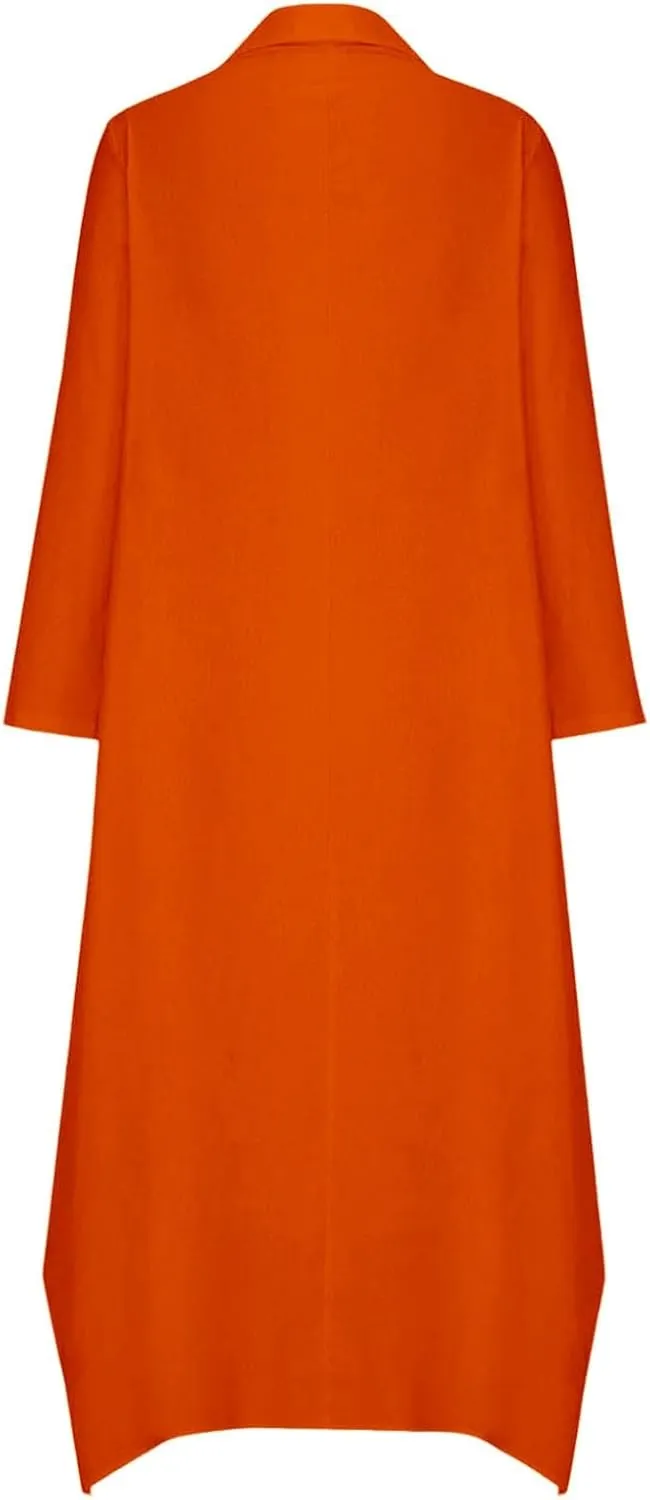 Women Solid Color Long Rolled Sleeve Dress Lapel Collar Button Casual Maxi Dress Loose Fit Basic Dresses with Pockets