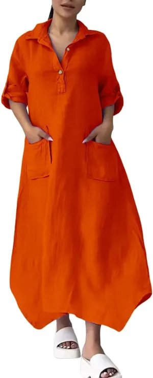 Women Solid Color Long Rolled Sleeve Dress Lapel Collar Button Casual Maxi Dress Loose Fit Basic Dresses with Pockets