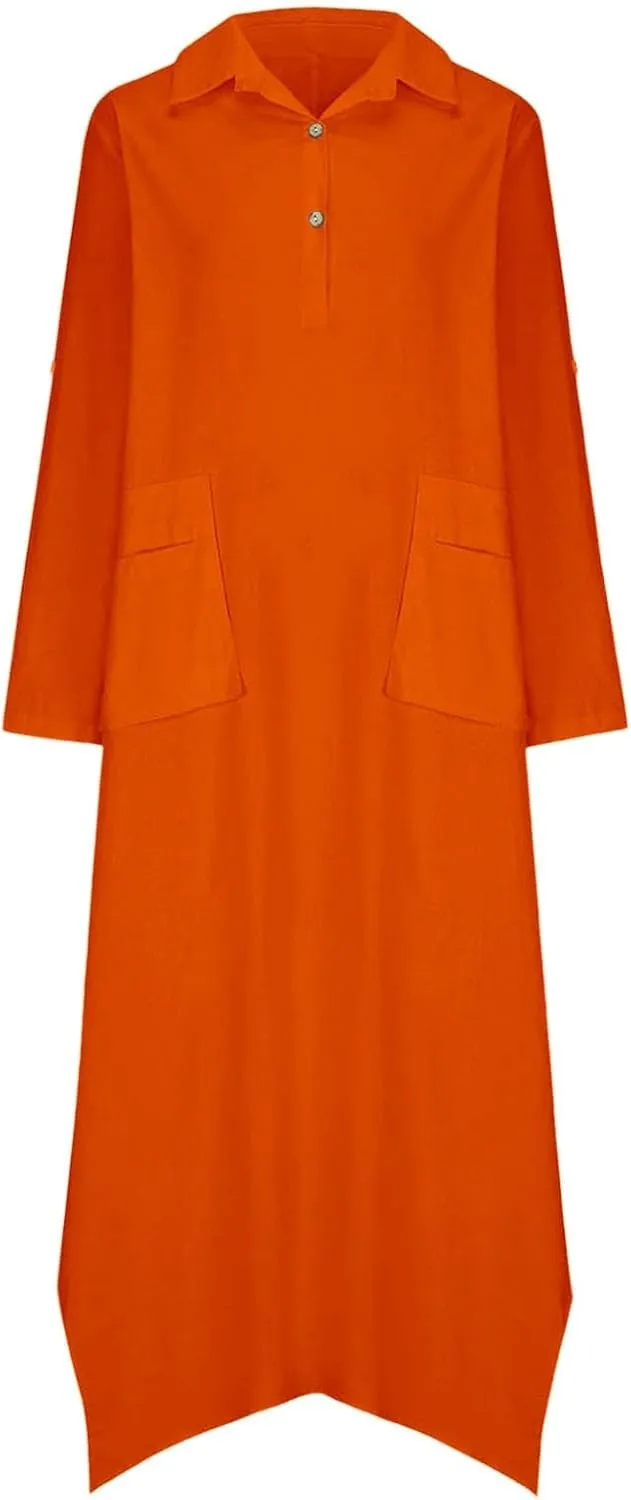 Women Solid Color Long Rolled Sleeve Dress Lapel Collar Button Casual Maxi Dress Loose Fit Basic Dresses with Pockets