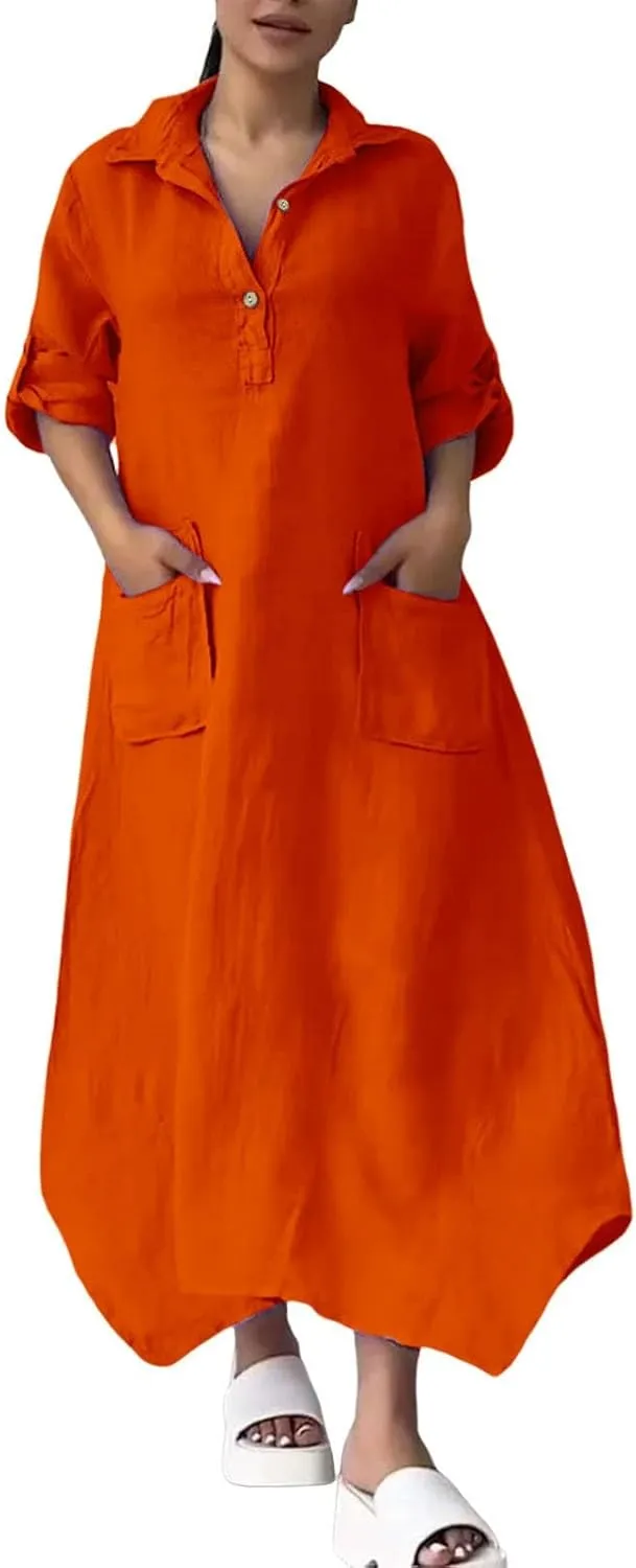 Women Solid Color Long Rolled Sleeve Dress Lapel Collar Button Casual Maxi Dress Loose Fit Basic Dresses with Pockets
