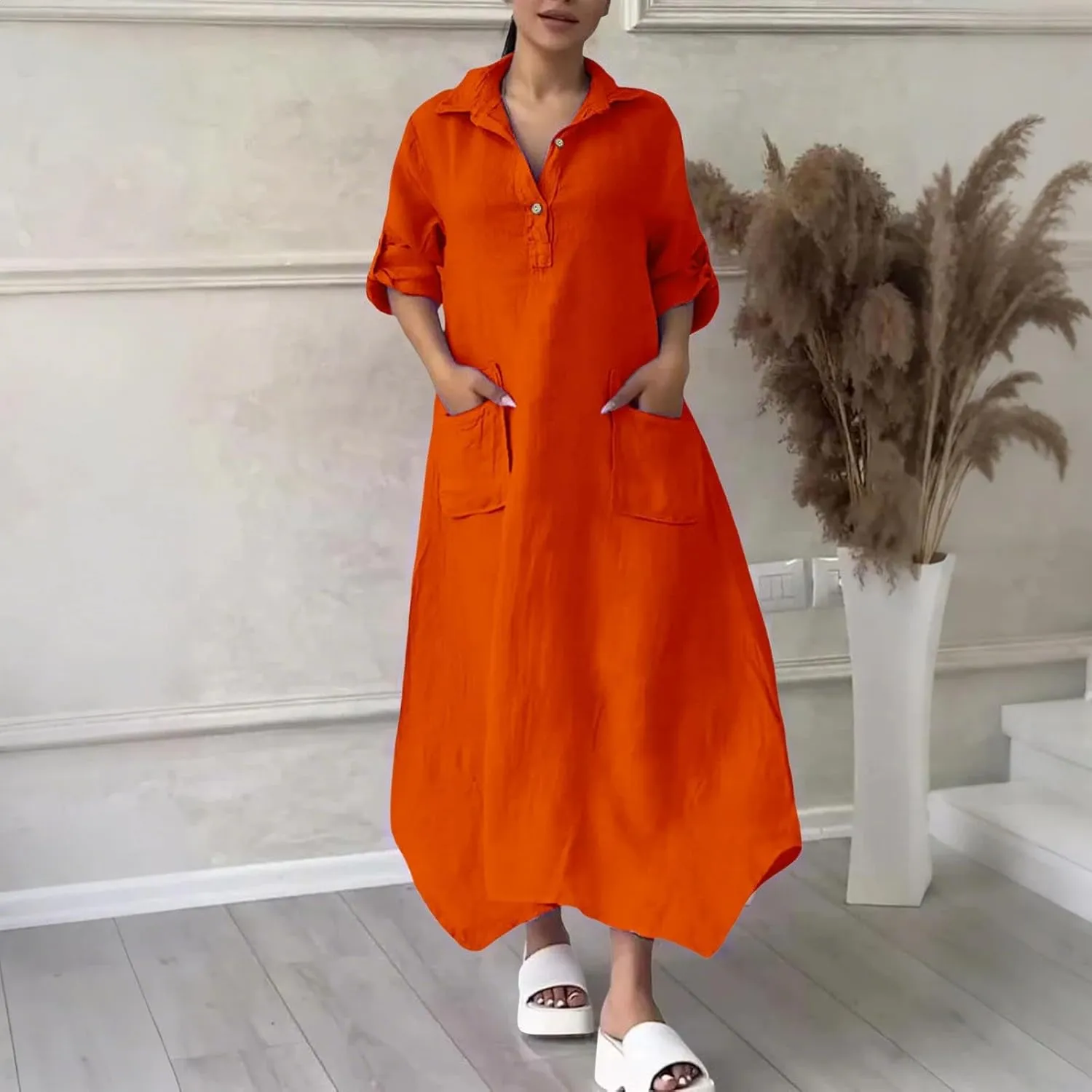Women Solid Color Long Rolled Sleeve Dress Lapel Collar Button Casual Maxi Dress Loose Fit Basic Dresses with Pockets