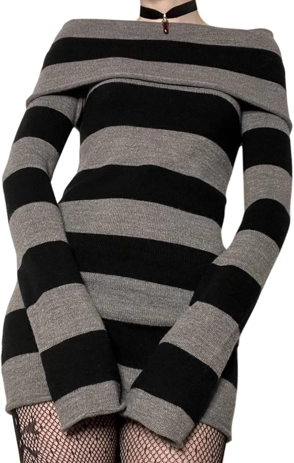Women Striped Off Shoulder Long Sleeve Knit Mini Dress Y2K Boat-Neck Bodycon Short Sweater Dress Autumn Party Dress