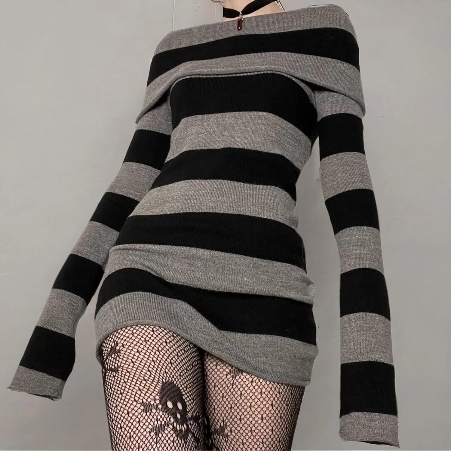 Women Striped Off Shoulder Long Sleeve Knit Mini Dress Y2K Boat-Neck Bodycon Short Sweater Dress Autumn Party Dress