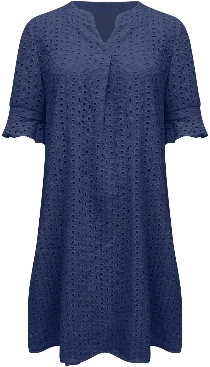 Women Summer Hollow Out Mini Dress Short Sleeve V Neck A-Line Summer Ruffle Hem Floral Eyelet Beach Party Short Sundress