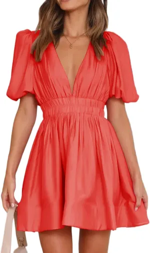Women Summer Mini Dress Sexy V Neck Puff Short Sleeve A-Line Flowy Swing Dresses Party Dress 2025 Beach Sundress