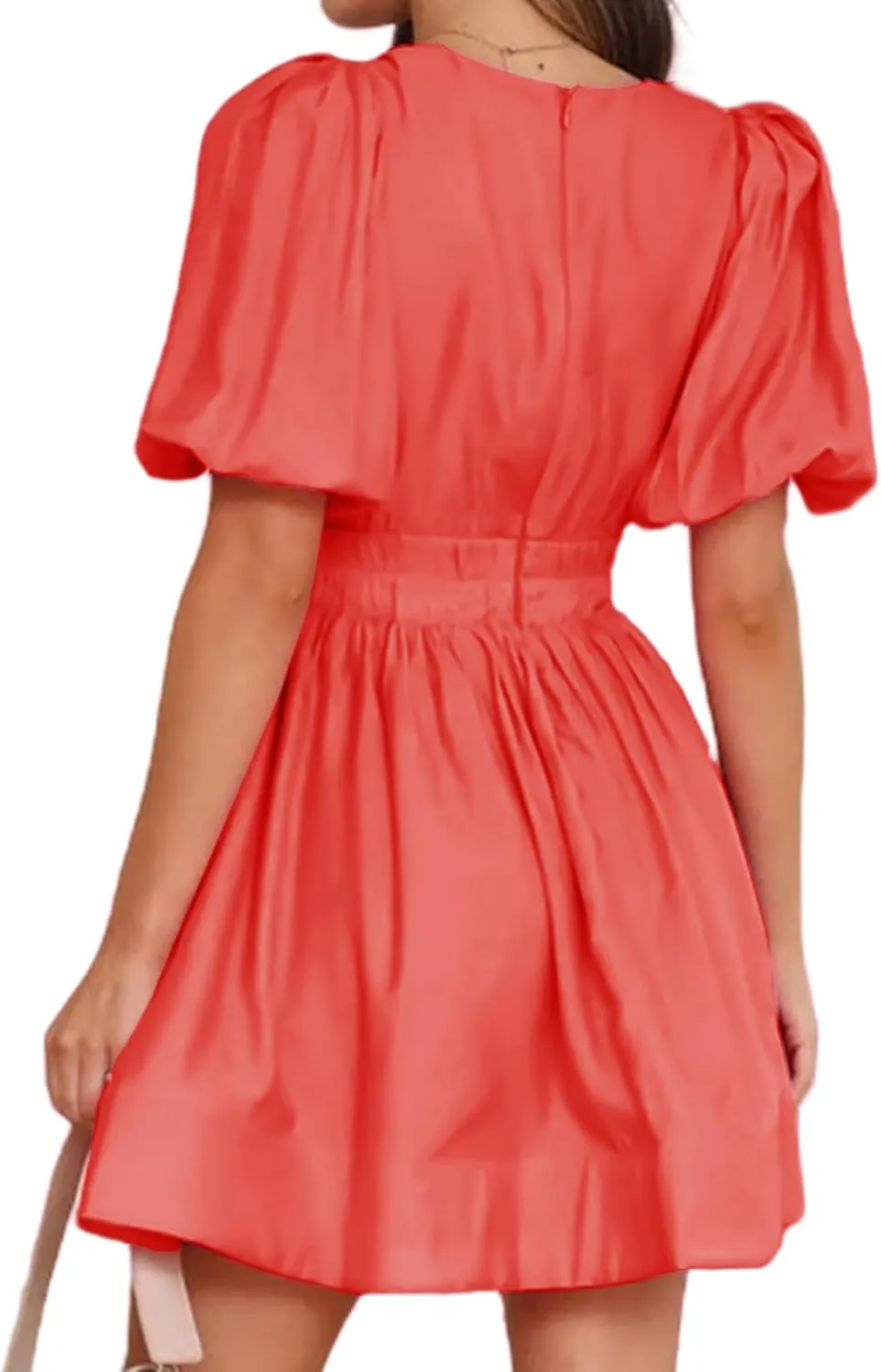 Women Summer Mini Dress Sexy V Neck Puff Short Sleeve A-Line Flowy Swing Dresses Party Dress 2025 Beach Sundress