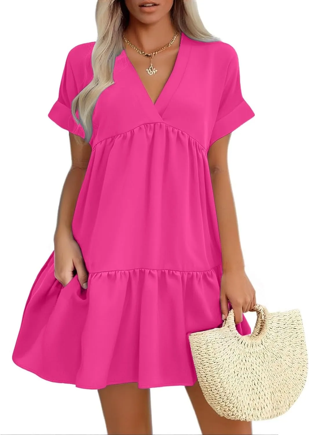 Women V Neck Babydoll Dresses 2025 Summer Short Rolled Sleeve Ruffle Swing Shift Flowy Loose Casual Summer Mini Dress