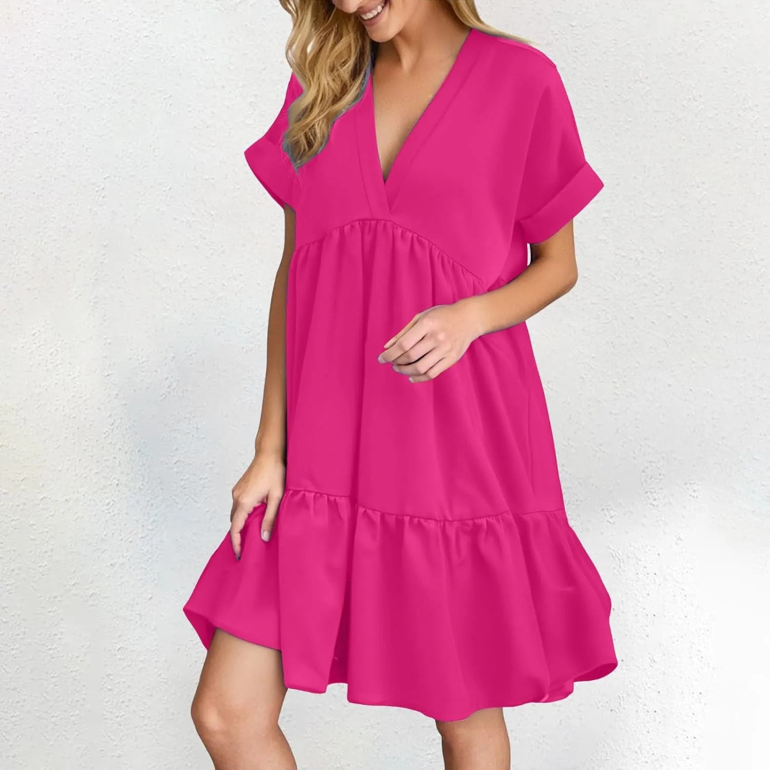 Women V Neck Babydoll Dresses 2025 Summer Short Rolled Sleeve Ruffle Swing Shift Flowy Loose Casual Summer Mini Dress