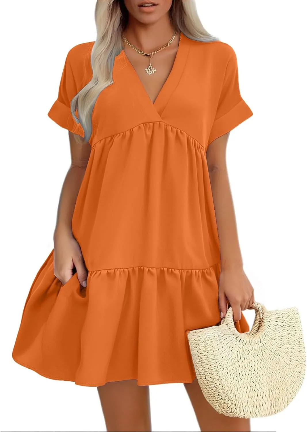 Women V Neck Flowy Babydoll Dresses 2025 Summer Short Sleeve Swing Shift Loose Casual Mini Tunic Dress