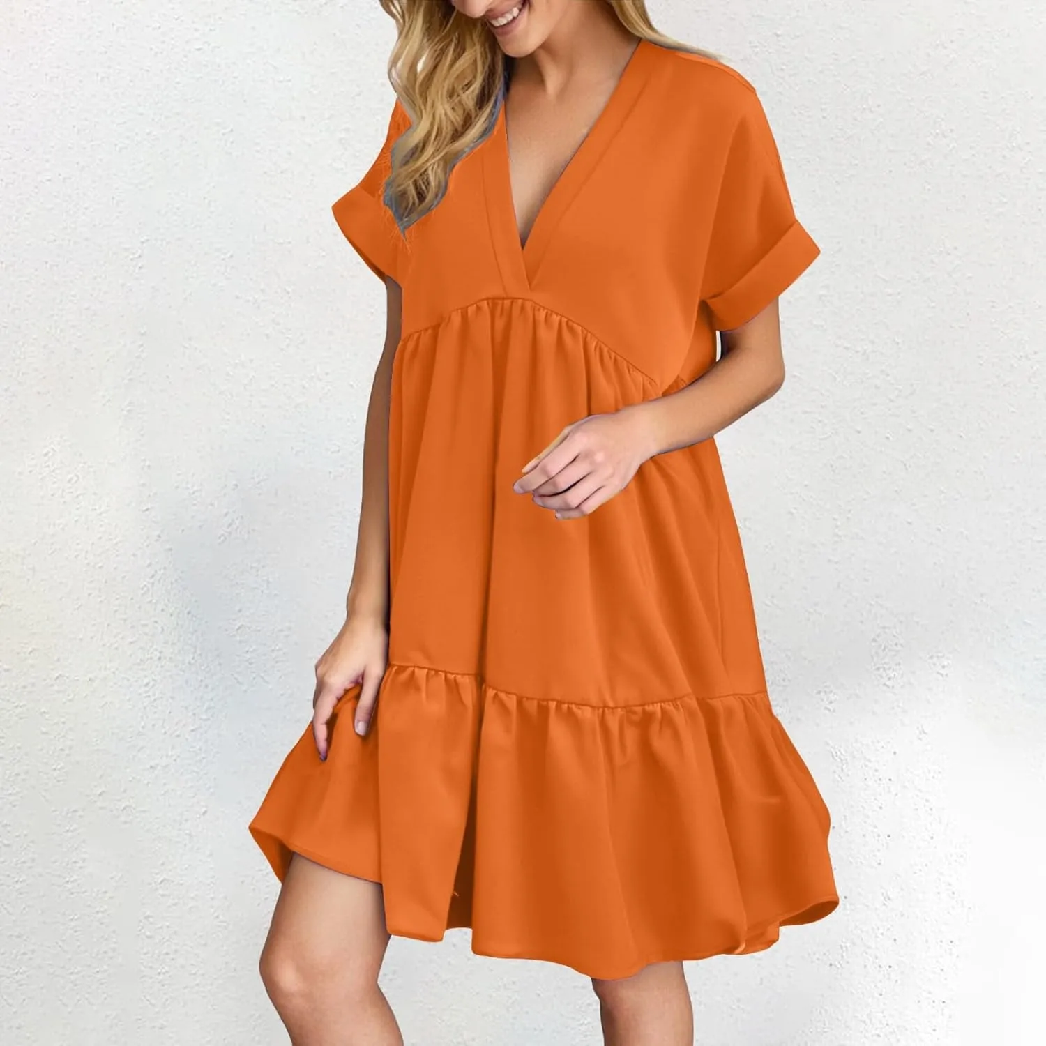 Women V Neck Flowy Babydoll Dresses 2025 Summer Short Sleeve Swing Shift Loose Casual Mini Tunic Dress