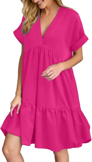 Women V Neck Flowy Babydoll Dresses 2025 Summer Short Sleeve Swing Shift Loose Casual Mini Tunic Dress