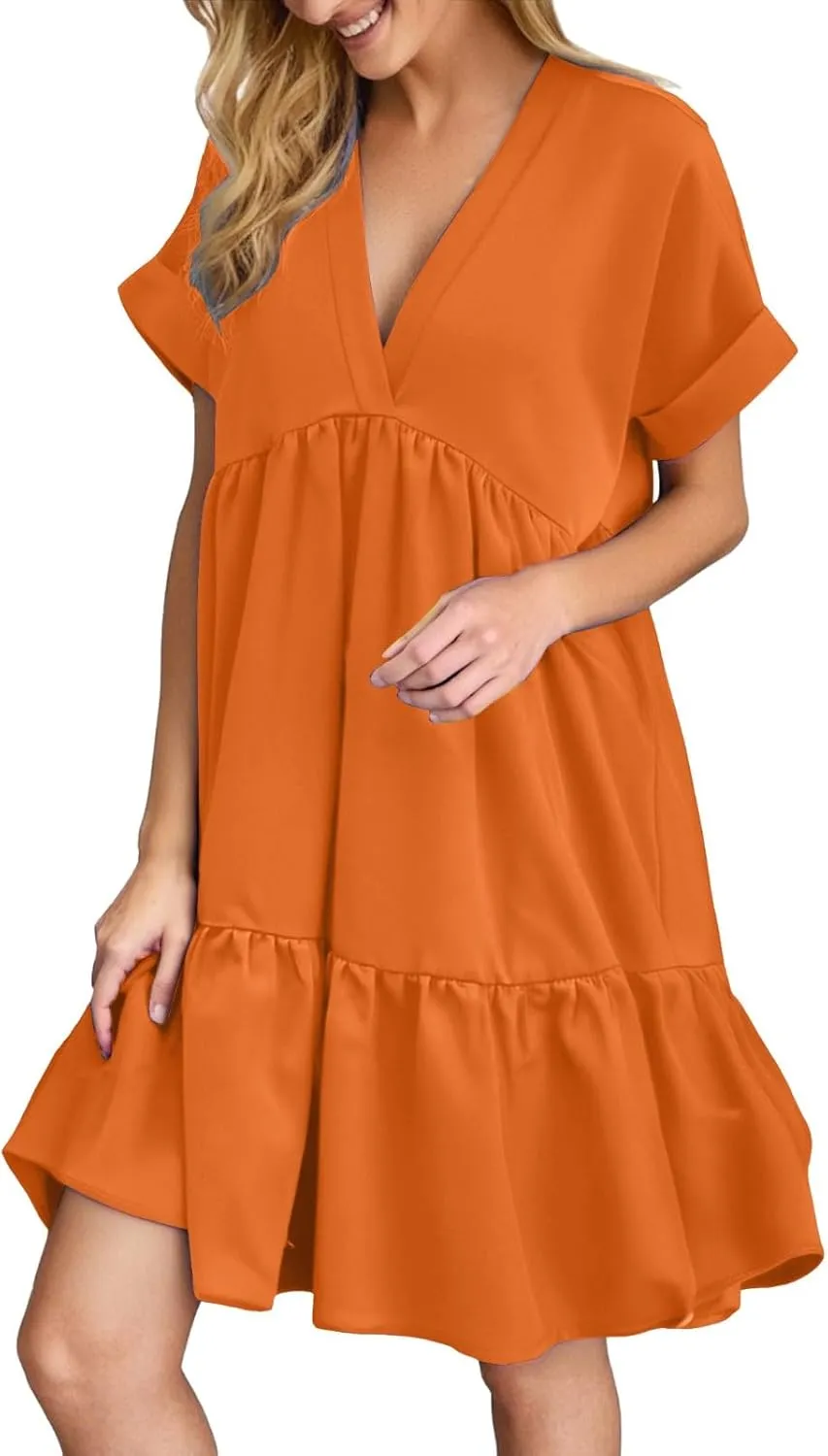 Women V Neck Flowy Babydoll Dresses 2025 Summer Short Sleeve Swing Shift Loose Casual Mini Tunic Dress