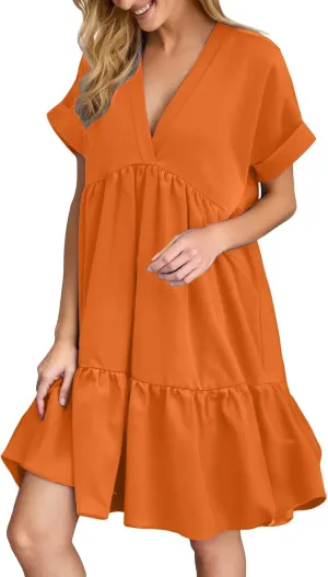 Women V Neck Flowy Babydoll Dresses 2025 Summer Short Sleeve Swing Shift Loose Casual Mini Tunic Dress
