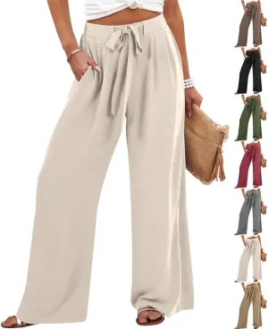 Women Wide Leg Linen Pants 2025 Tie Knot Summer High Waisted Palazzo Pants Flowy Beach Travel Trousers with Pockets
