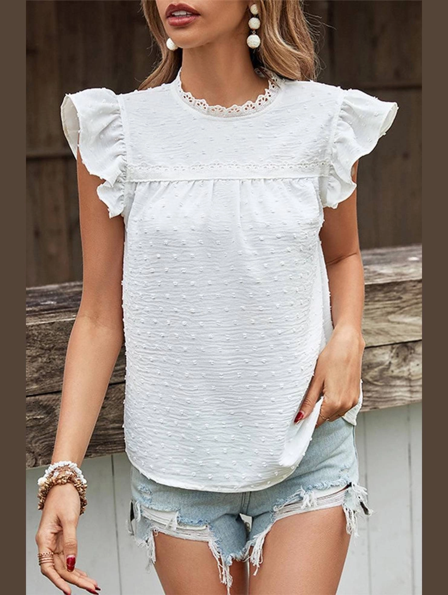 Workout Apparel StaticResistantFabric WOMEN ANGEL SLEEVE LACED HIGH NECK SWISS DOT TEE