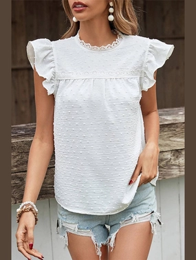 WOMEN ANGEL SLEEVE LACED HIGH NECK SWISS DOT TEE LowProfileZipperSystem Reversible design