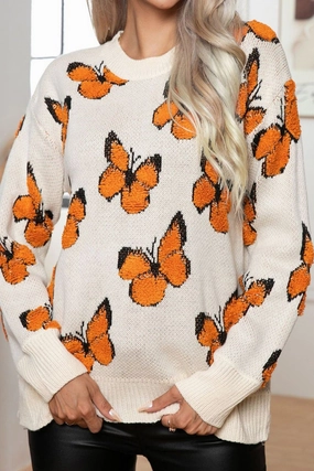 Reverseble Design TwoToneEffect WOMEN BUTTERFLY JACQUARD LOOSE KNIT SWEATER