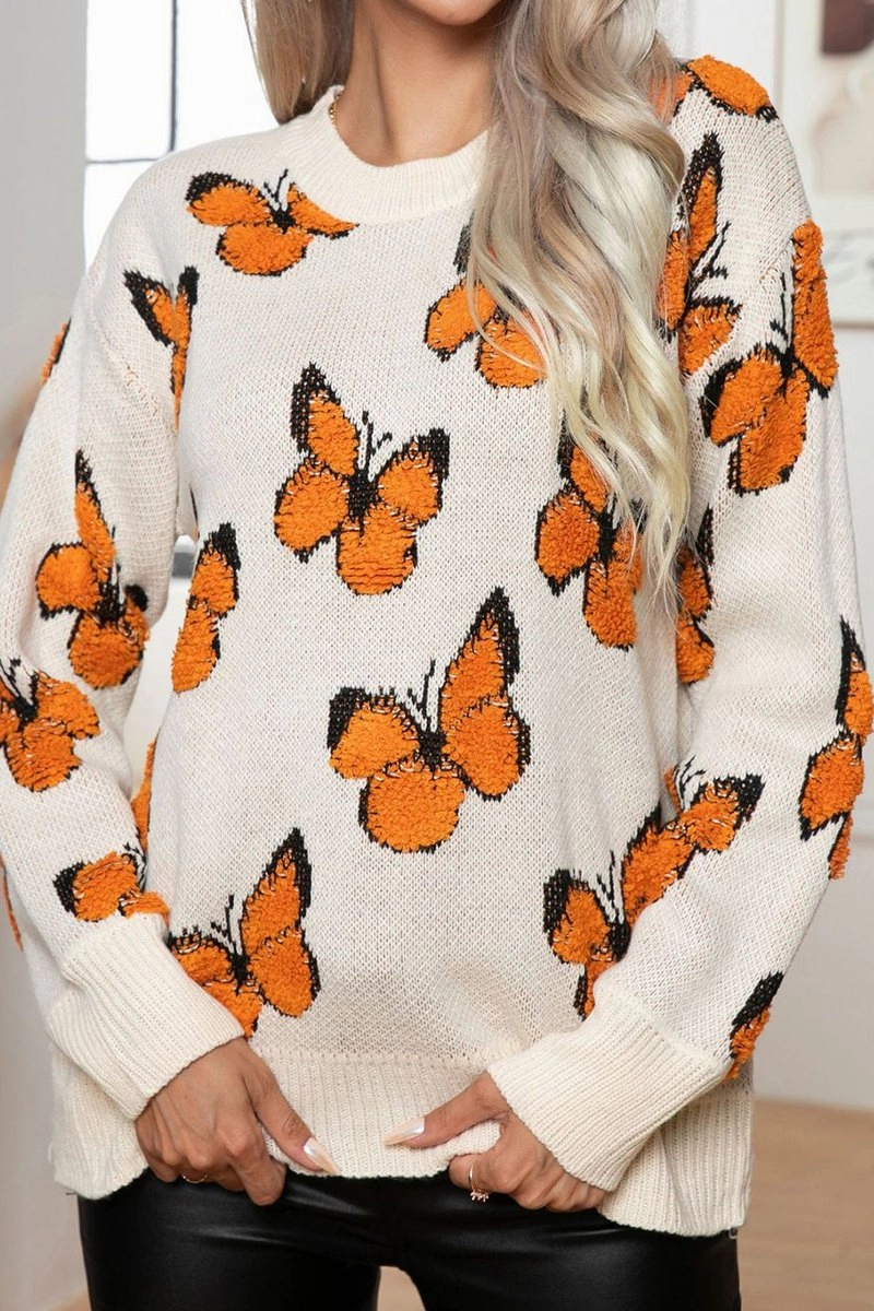 Casual dress DoubleStitched Construction WOMEN BUTTERFLY JACQUARD LOOSE KNIT SWEATER