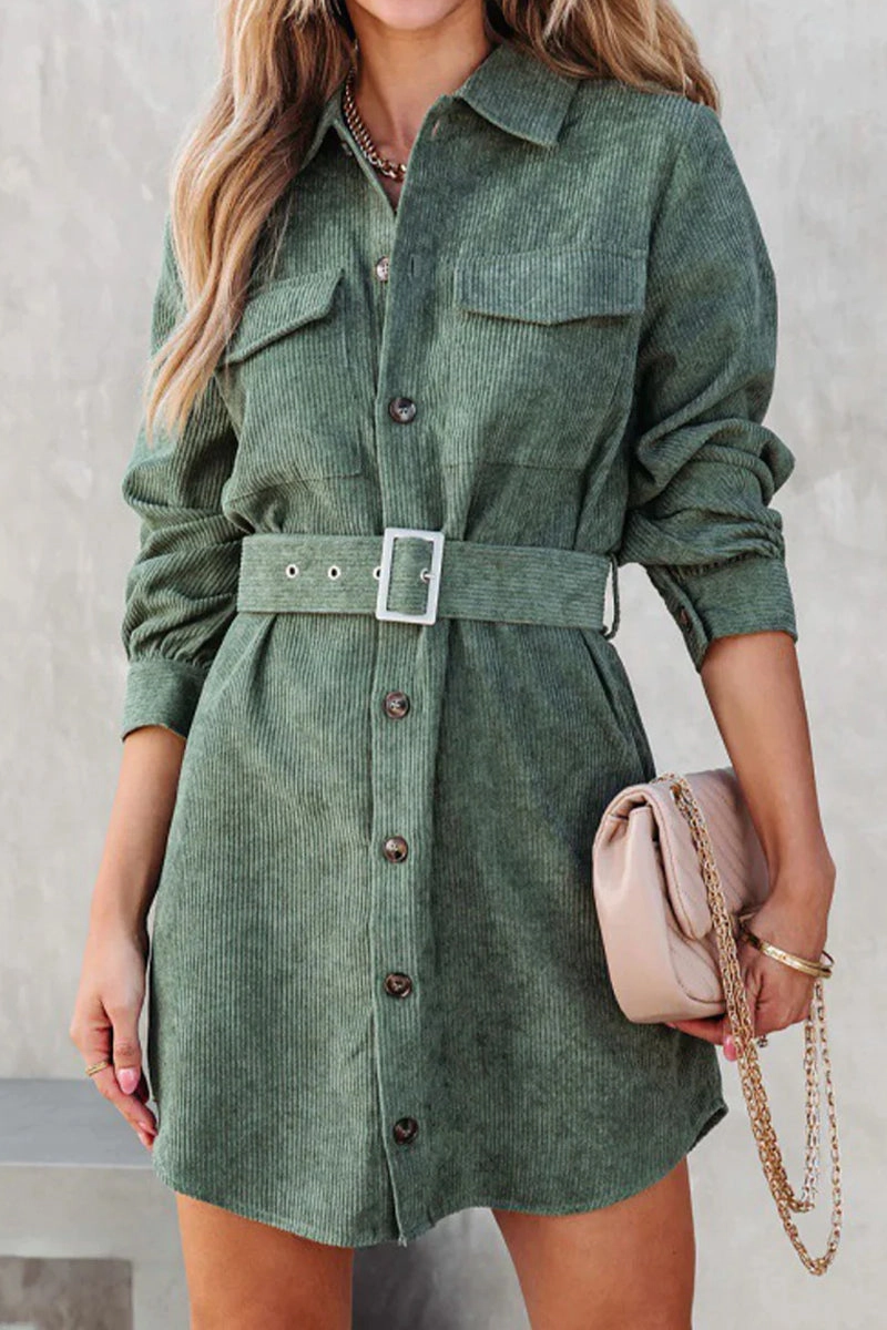 High-Neck WOMEN BUTTON DOWN CORDUROY BELTED SHORT DRESS