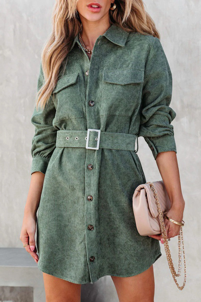 Chic formal attire WOMEN BUTTON DOWN CORDUROY BELTED SHORT DRESS