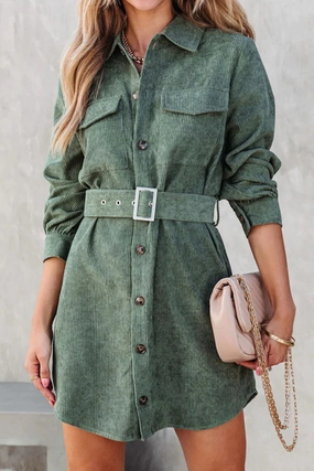High-Neck WOMEN BUTTON DOWN CORDUROY BELTED SHORT DRESS