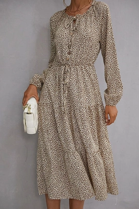 WOMEN BUTTON LACED NECK LEOPARD DRESS Subtle Edge