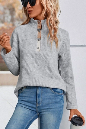 WOMEN BUTTONED HIGH NECK PLAID BLOCK PULLOVER TOP Soft Sweater Layered Panel Construction