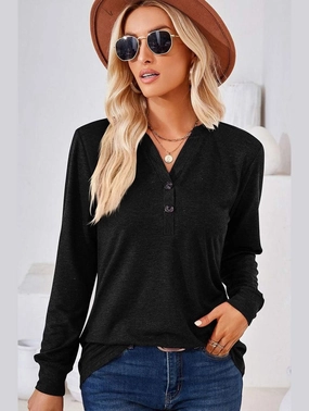 WOMEN BUTTONED V NECK RIB SLEEVE CASUAL TEE NonFadeFinish