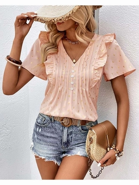 Soft Cotton WOMEN BUTTONED V NECK RUFFLE SHORT SUMMER T SHIRT
