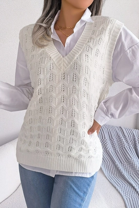 WOMEN CABLE KNITTED RIBBED V NECK SWEAT VEST Comfy Fit ElasticEdgeBinding