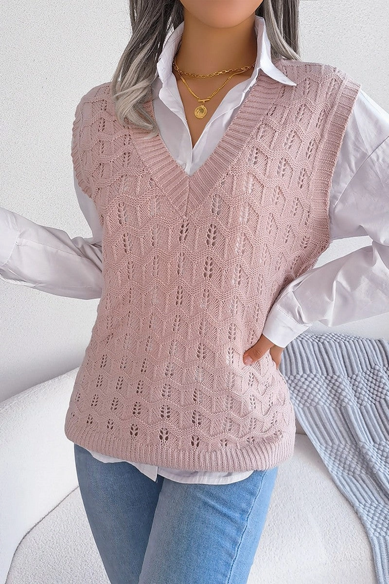 WOMEN CABLE KNITTED RIBBED V NECK SWEAT VEST FlexibleRibbing