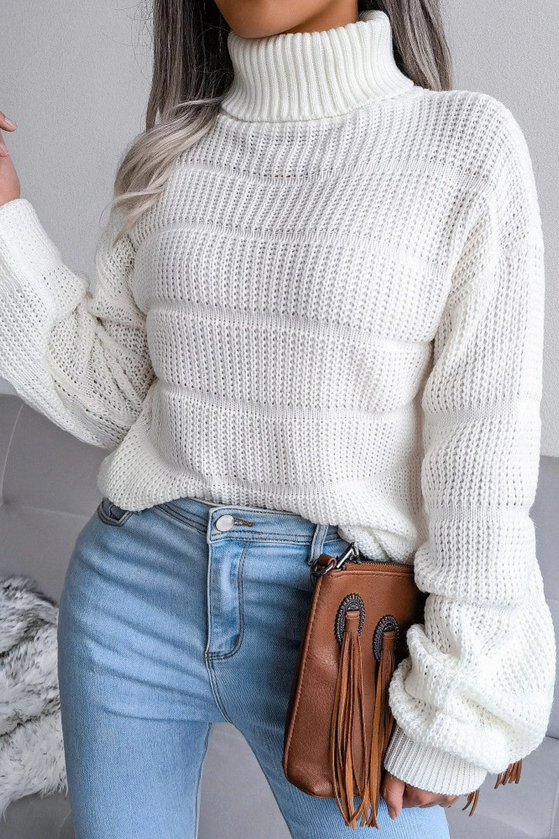EcoCertified Textile Button Down Collar WOMEN CABLE KNITTED TURTLE NECK LOOSE FIT SWEATER