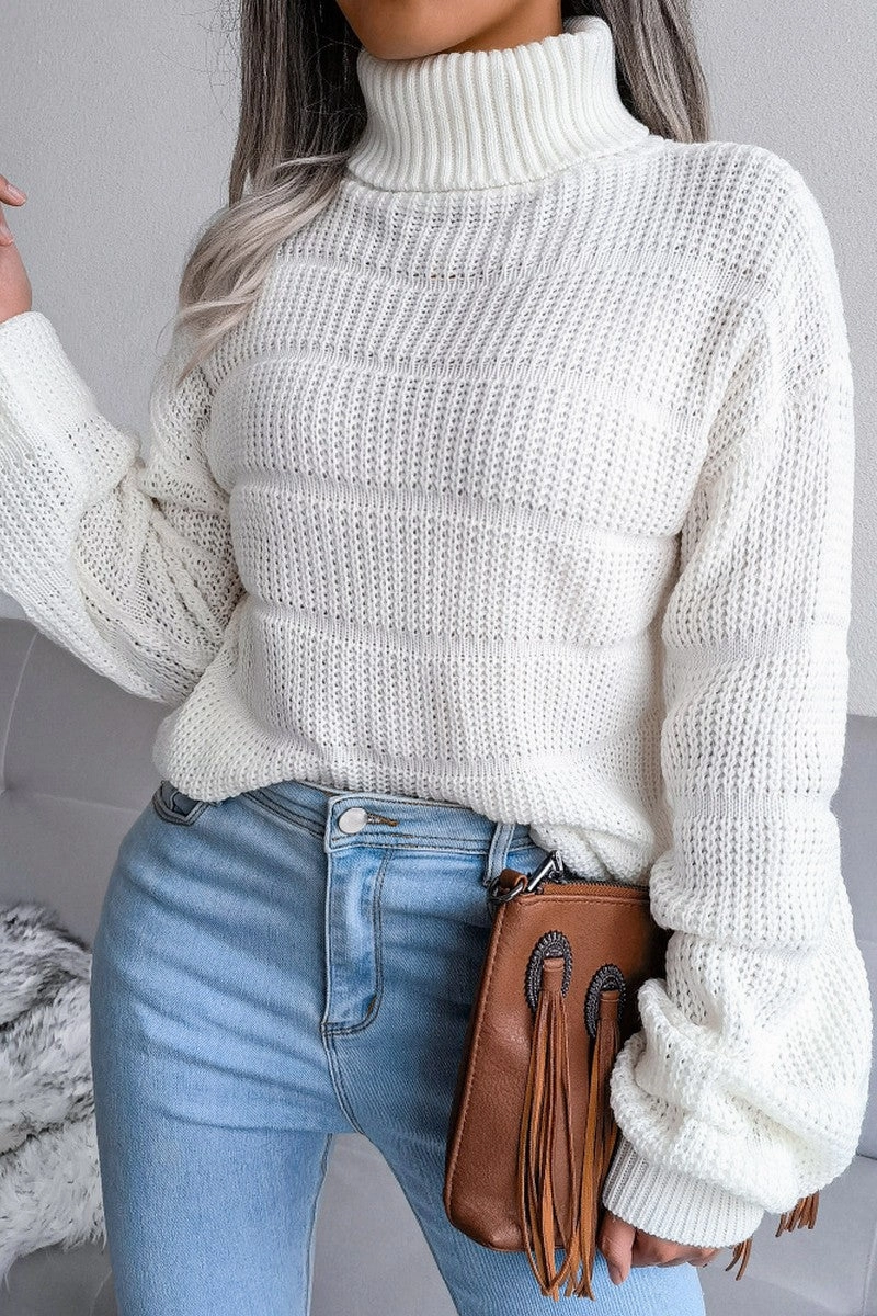 LightReflective WOMEN CABLE KNITTED TURTLE NECK LOOSE FIT SWEATER