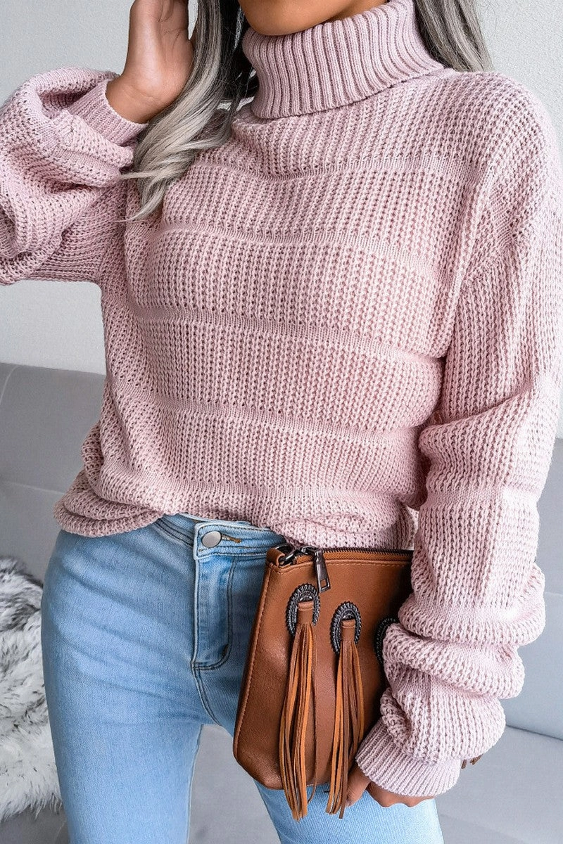 WOMEN CABLE KNITTED TURTLE NECK LOOSE FIT SWEATER QuickRelease Fastener