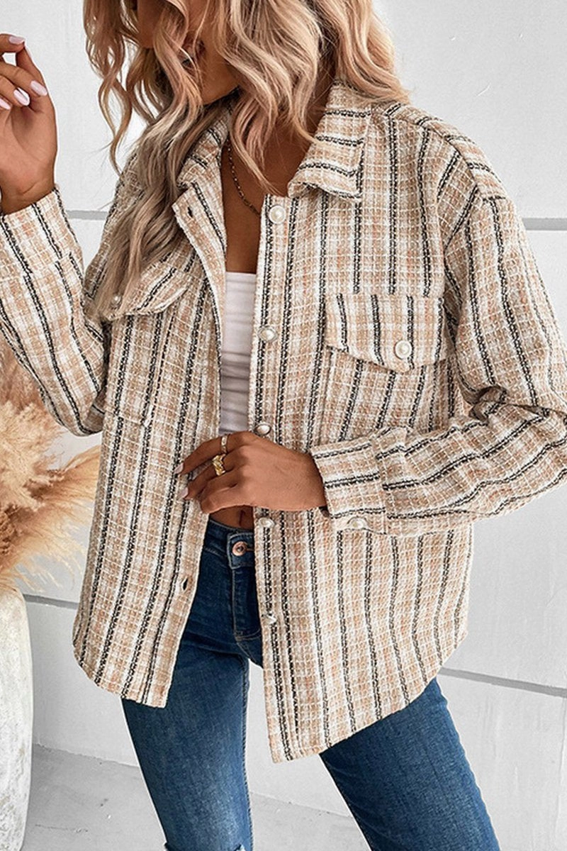 Printed Blouse DropShoulderConstruction WOMEN CASUAL BUTTON CUFF PLAID POCKETS SHACKET