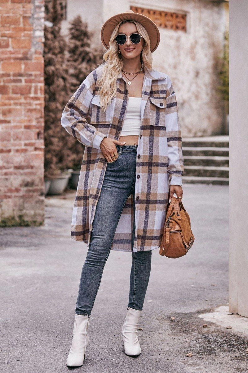 SoftInteriorLining WOMEN CASUAL FLANNEL PLAID LONG BUTTON UP COAT