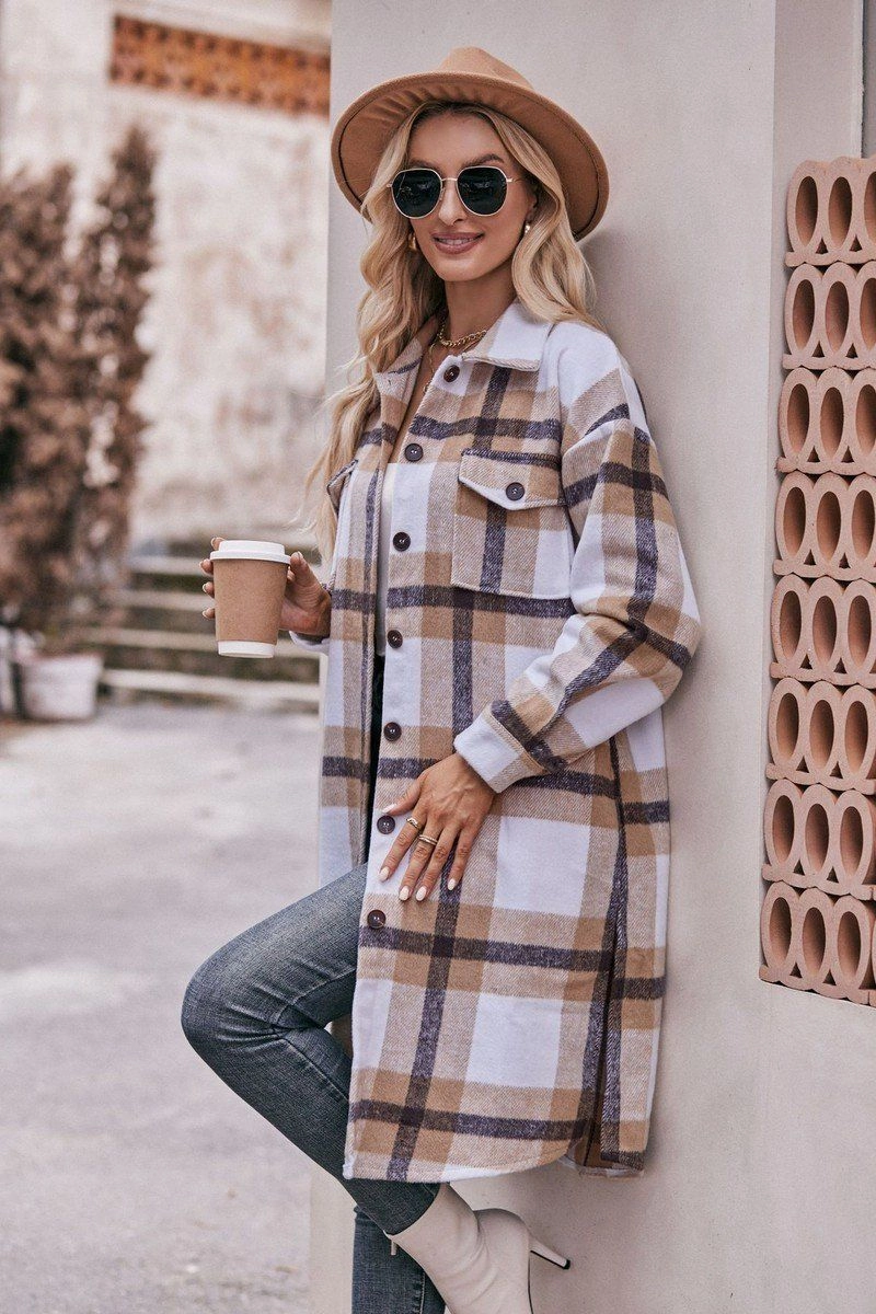 WOMEN CASUAL FLANNEL PLAID LONG BUTTON UP COAT Resilient Elasticity Fade Resistant Finish
