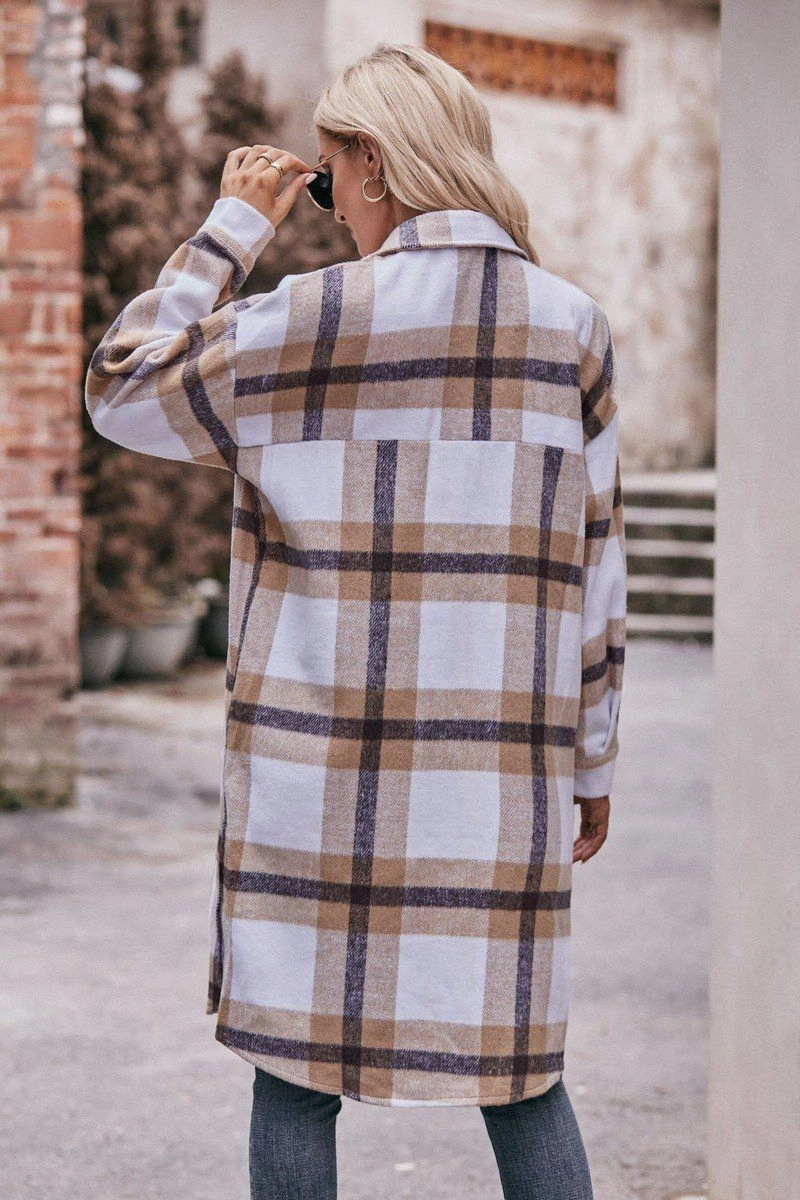 Wrinkle Resistant Treatment Breathable Design WOMEN CASUAL FLANNEL PLAID LONG BUTTON UP COAT