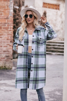 CompressionTechnology WOMEN CASUAL FLANNEL PLAID LONG BUTTON UP COAT
