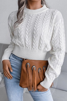WOMEN CHUNKY CABLE KNIT RIBBED CROP SWEATER UniversalFit