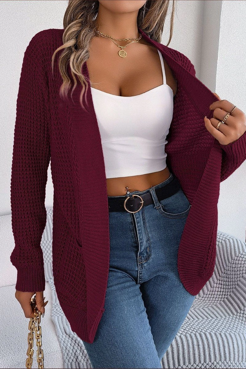 Flatlock Seam Design WOMEN CHUNKY WAFFLE KNIT OPEN FRONT CARDIGAN